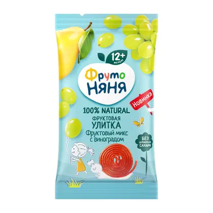 Изображение товара Печенье Фруто Няня Фруктовые кусочки Улитки яблоко-груша-слива-виноград 15г