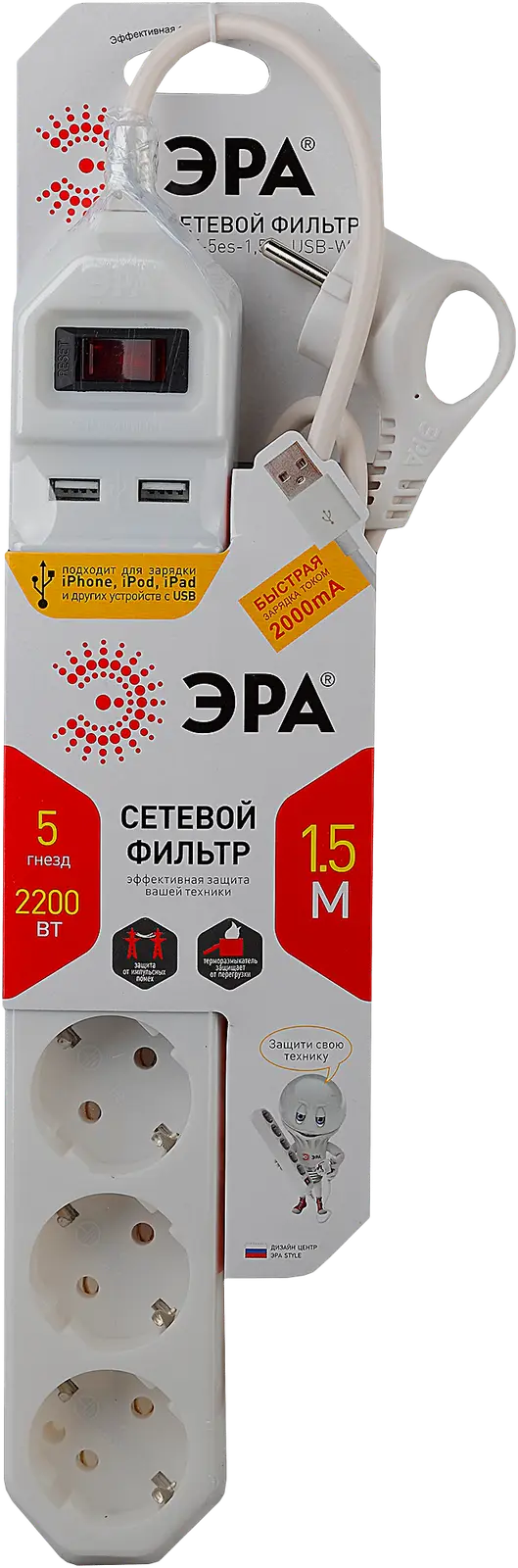 Сетевой фильтр Эра 5 розеток с USB 10А 2200Вт 1,5м - фото 2