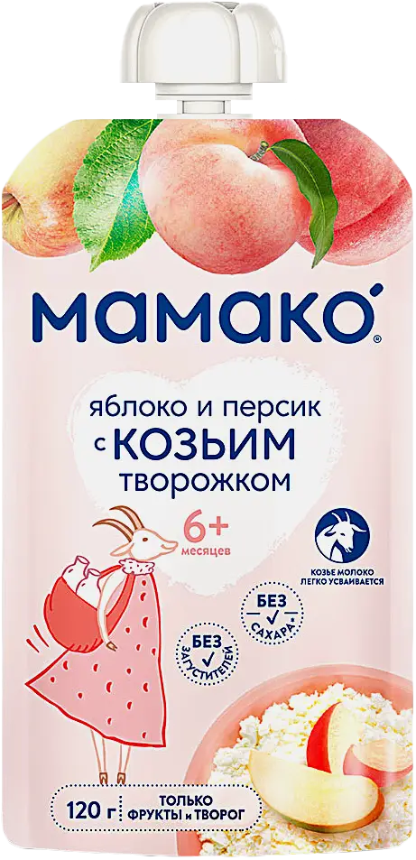 Пюре Мамако с козьим творожком яблоко-персик 120г