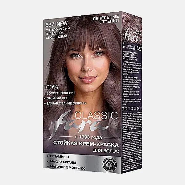 Стойкая краска для волос тон 537 Светло-русый пепельно-фиолетовый Fara Classic - фото 2 Стойкая краска для волос тон 537 Светло-русый пепельно-фиолетовый Fara Classic - фото 2