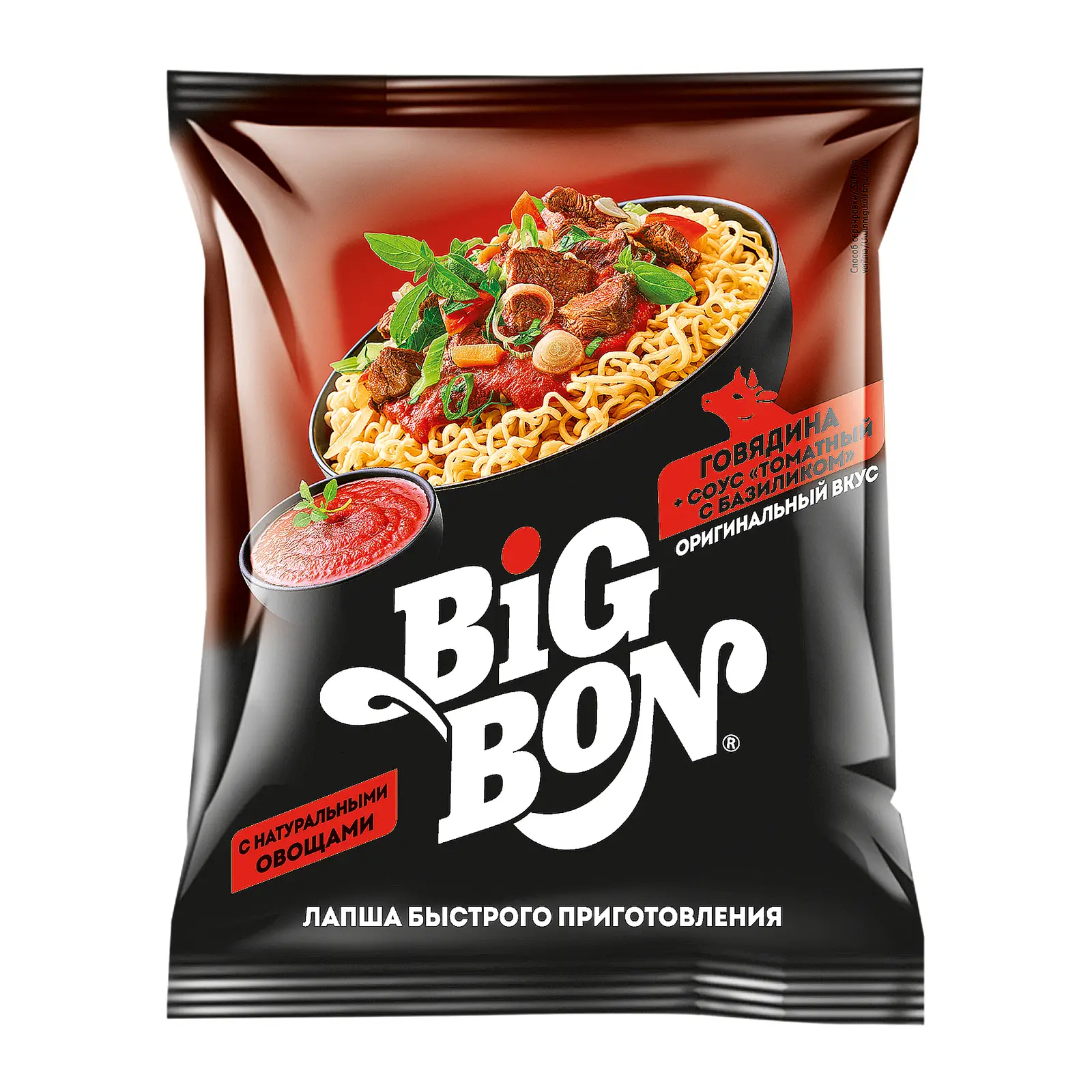 Изображение товара Лапша Big Bon говядина + соус томатный с базиликом 75г