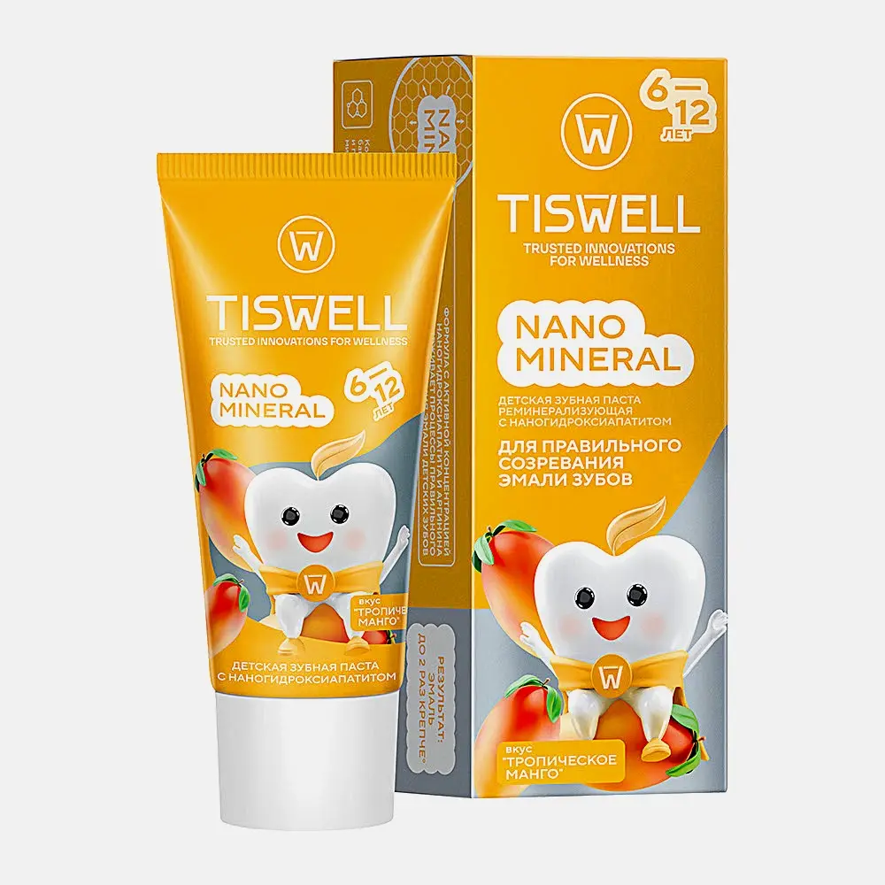Зубная паста детская Tiswell реминерализующая с наногидроксиапатитом Тропическое манго с 6 лет 60мл