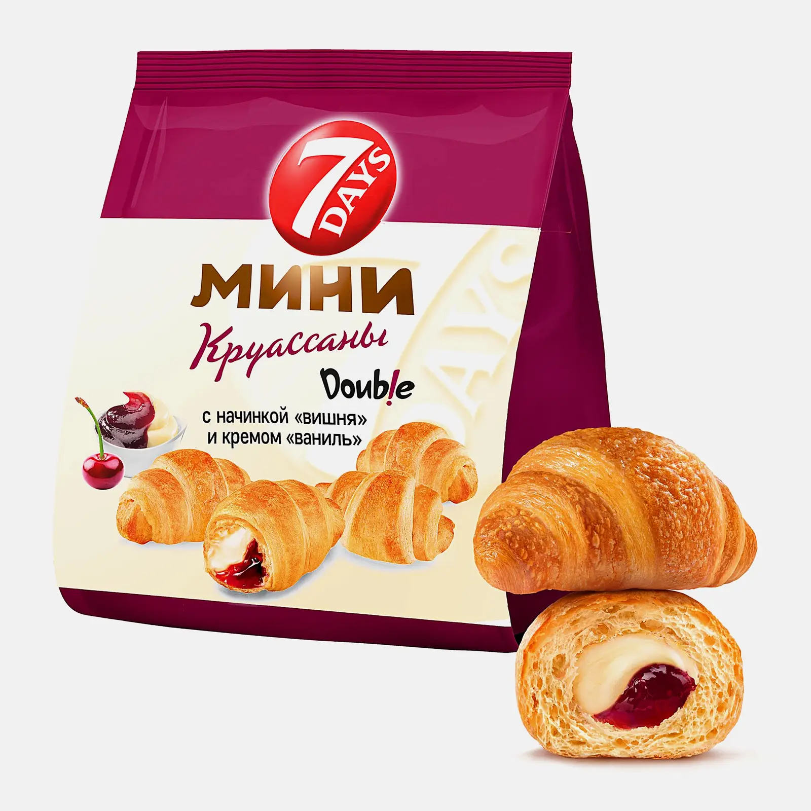 Изображение товара Мини-круассан с двойной начинкой ваниль и вишня 7Days 265г Изображение товара Мини-круассан с двойной начинкой ваниль и вишня 7Days 265г