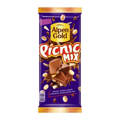 Изображение товара Молочный шоколад Alpen Gold Picnic с арахисом и изюмом 130г