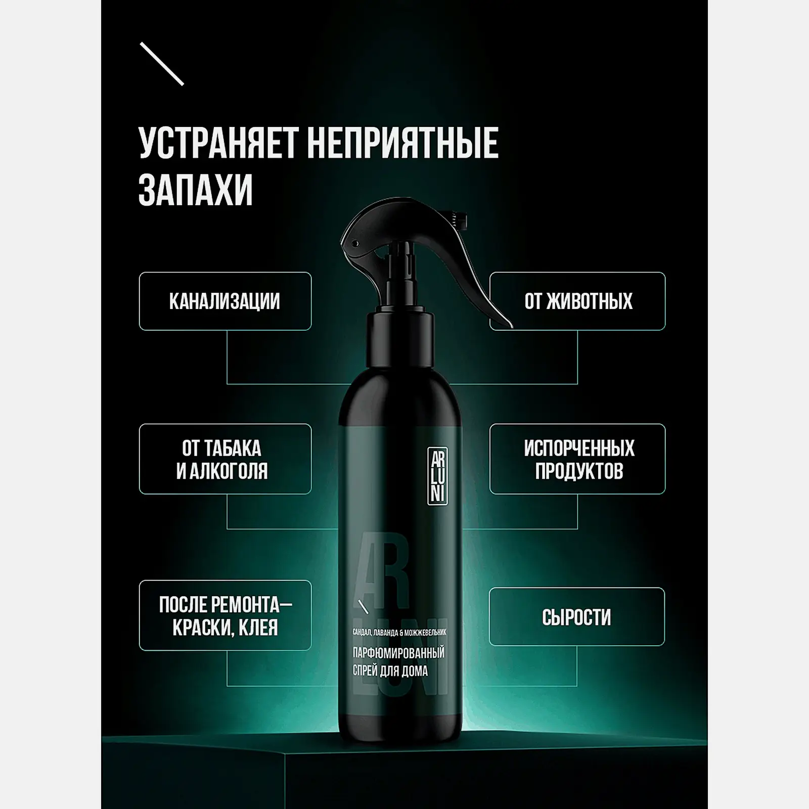 Парфюмированный спрей для устранения неприятных запахов Сандал и Лаванда Arluni 300мл - фото 4 Парфюмированный спрей для устранения неприятных запахов Сандал и Лаванда Arluni 300мл - фото 4