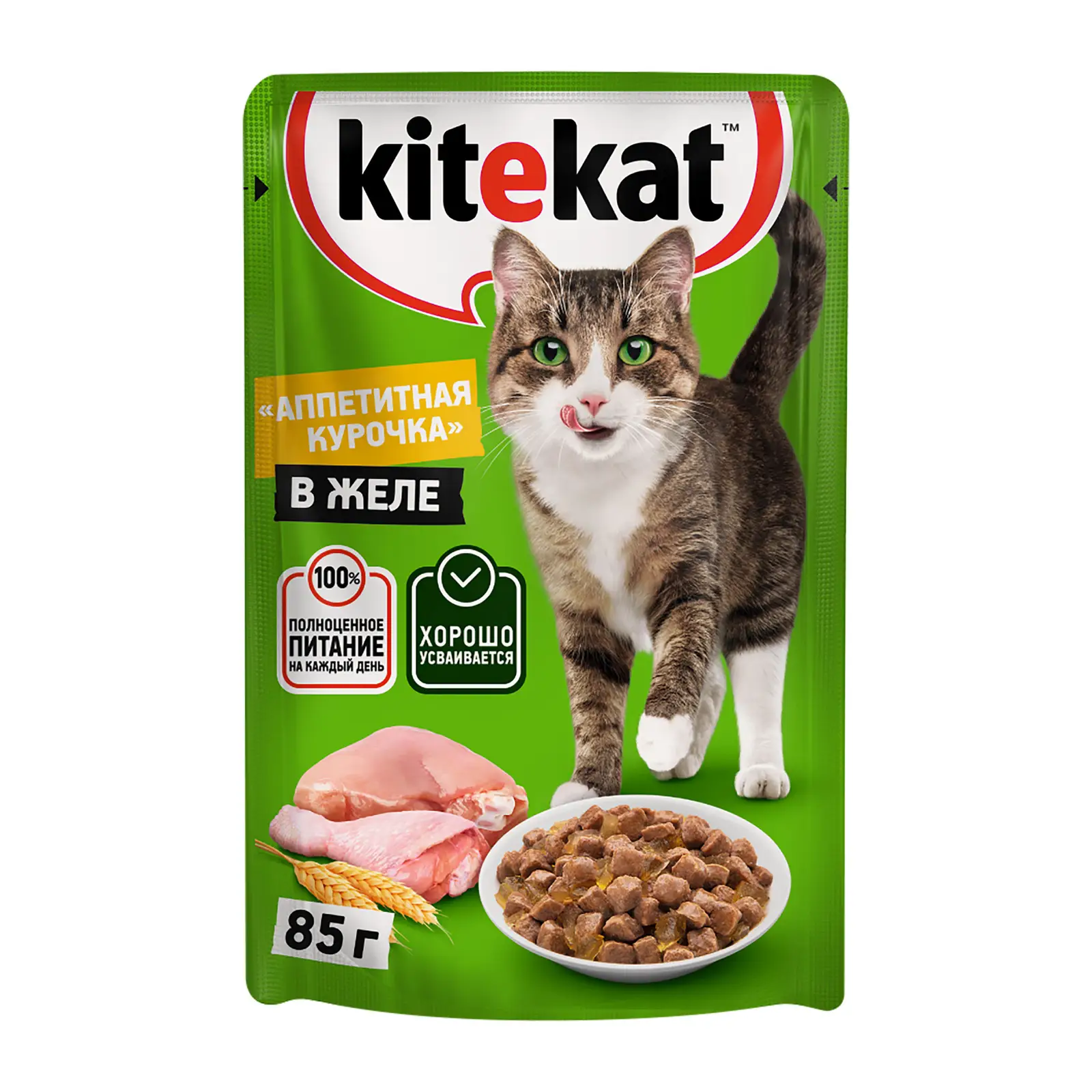 Влажный корм для кошек Kitekat с сочными кусочками курицы желе 85г