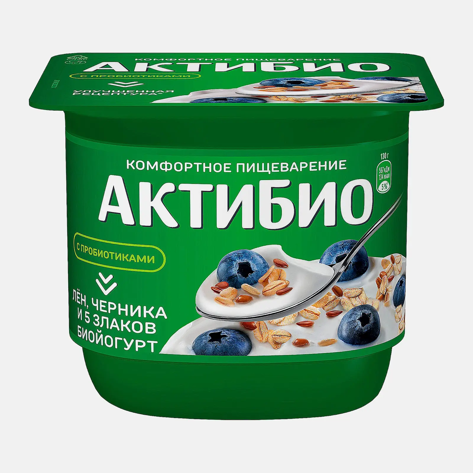 Изображение товара Биойогурт Актибио с черникой 5 злаками и семенами льна 3% 130г