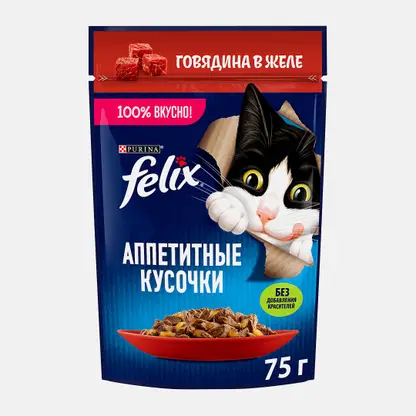 Влажный корм для кошек Аппетитные кусочки с говядиной в желе Felix 75г