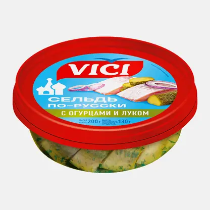 Филе-кусочки сельди По-русски с огурчиками и луком в масле Vici 200г