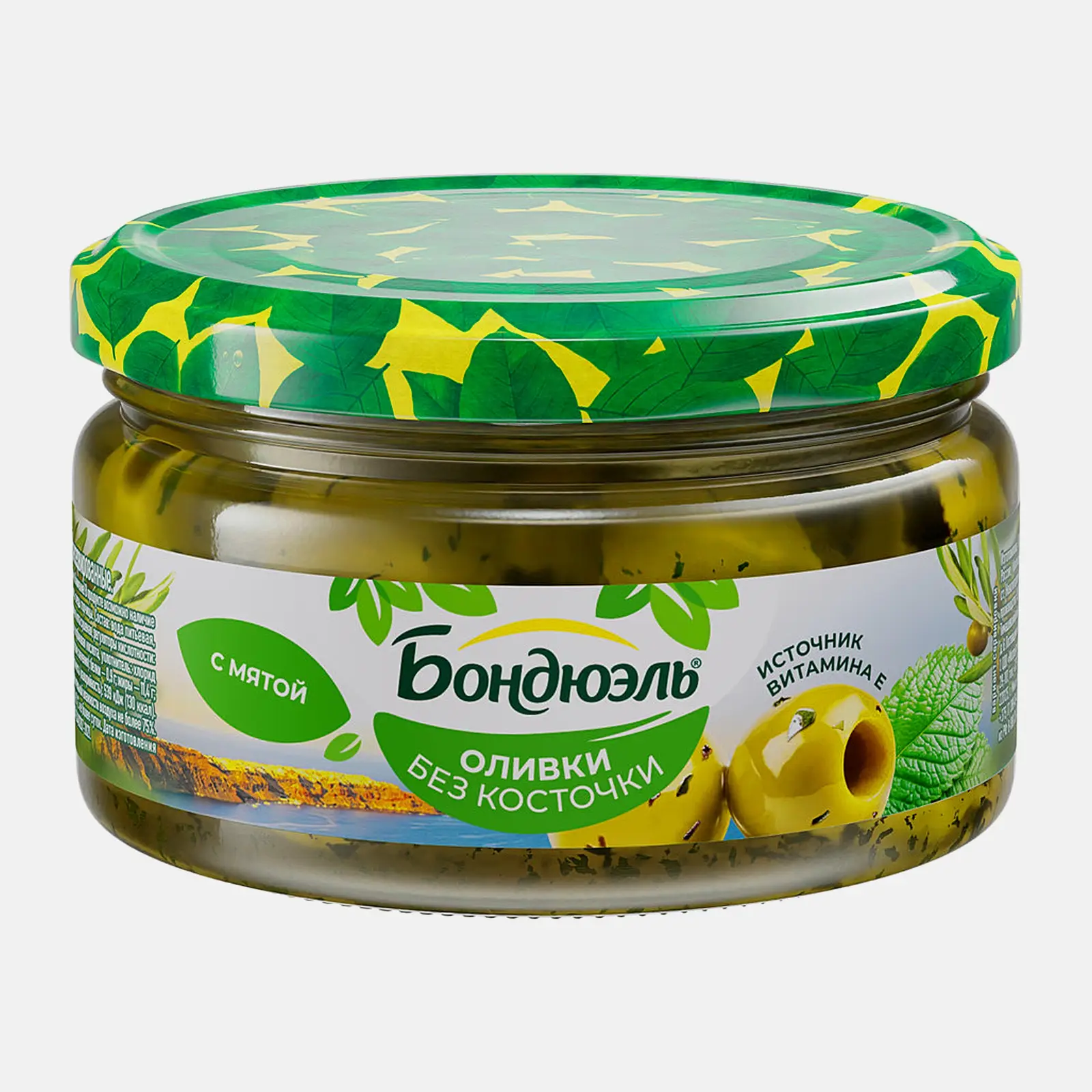 Изображение товара Оливки без косточки с мятой Бондюэль 200г натуральный и пряной вкус
