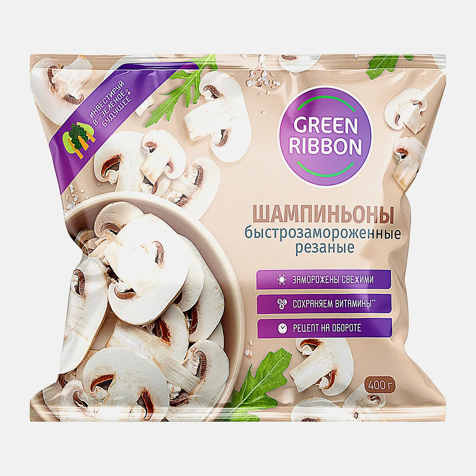 Шампиньоны Green Ribbon резаные быстрозамороженные 400г Шампиньоны Green Ribbon резаные быстрозамороженные 400г