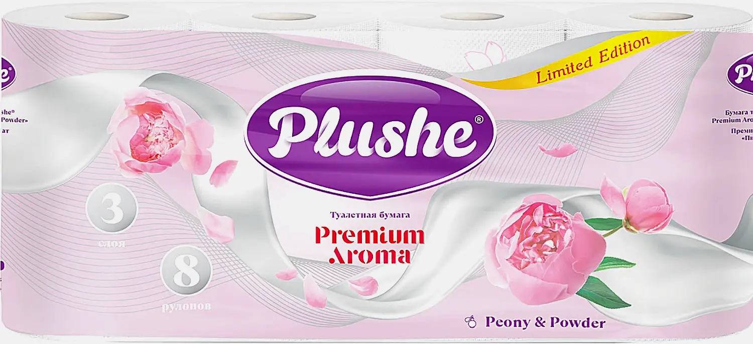 Туалетная бумага Plushe Premium Aroma Жемчуг и хлопок/Голубой пион/Черника 3 слоя 8 рулонов в ассортименте