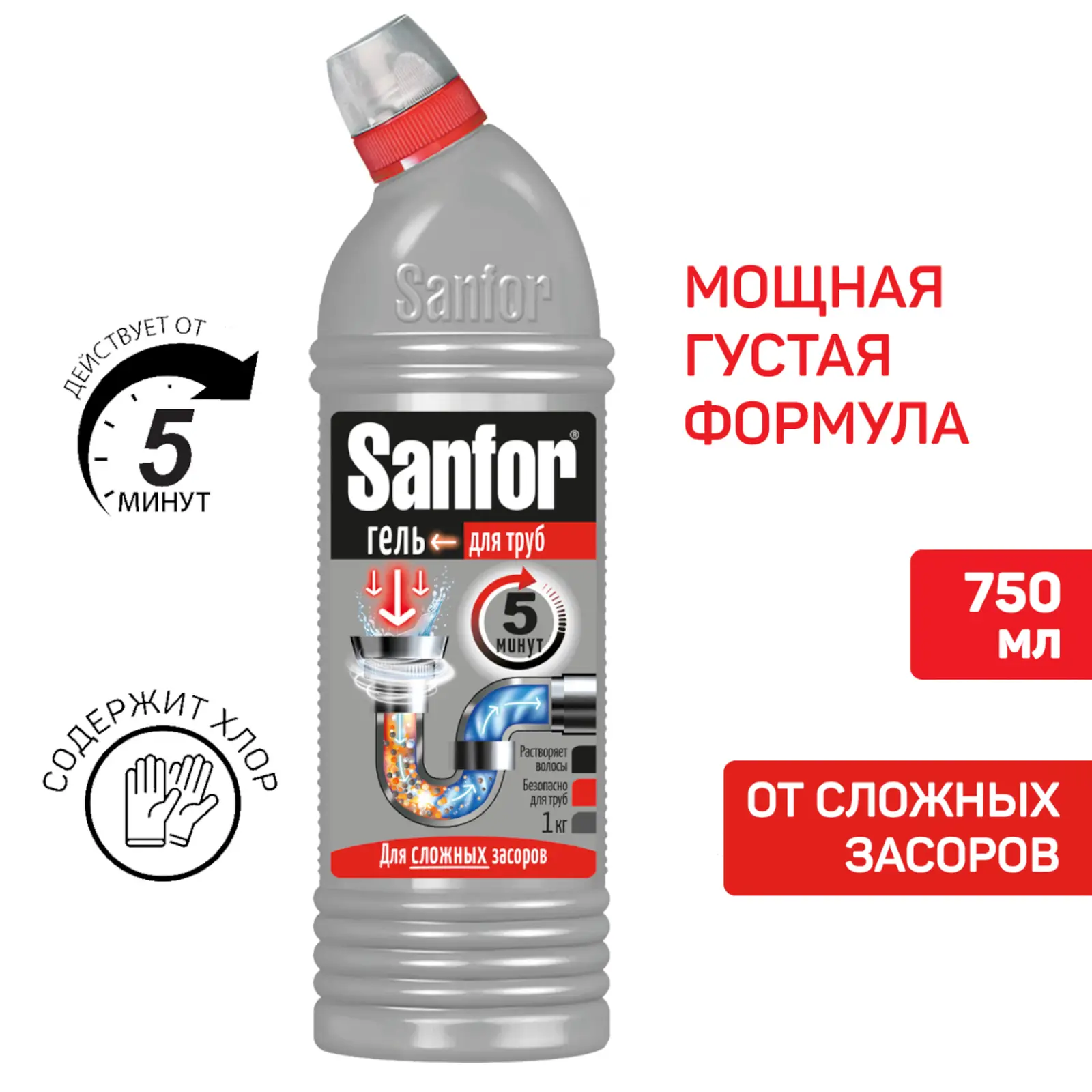Средство для чистки труб и устранения засоров Sanfor 750г
