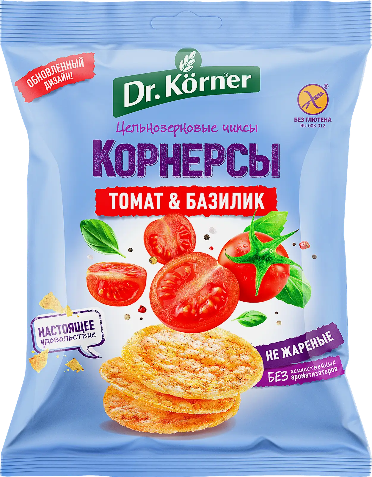 Изображение товара Корнерсы Dr. Korner Кукурузно-рисовые с томатом и базиликом 50 г - натуральные зерновые чипсы