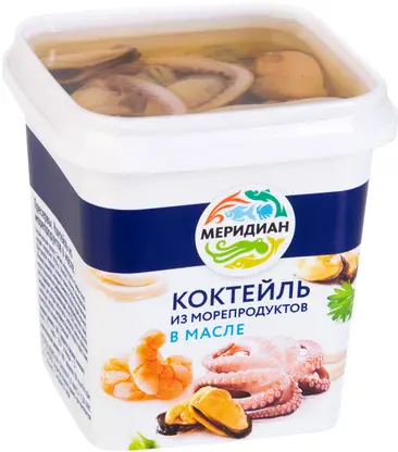 Изображение товара Коктейль Меридиан из морепродуктов в масле 270г Изображение товара Коктейль Меридиан из морепродуктов в масле 270г