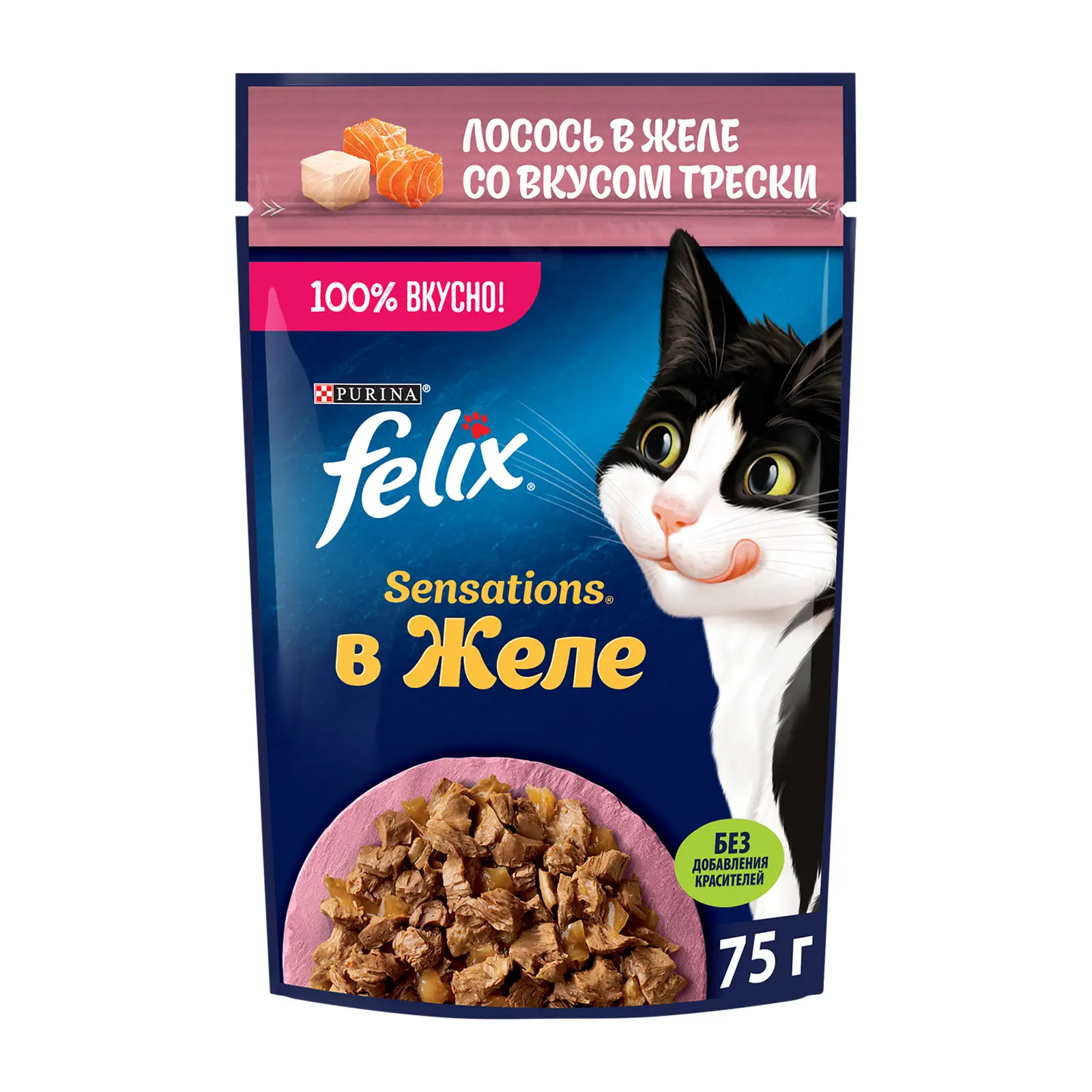 Влажный корм для кошек Felix Sensations с лососем и треской в желе 75г