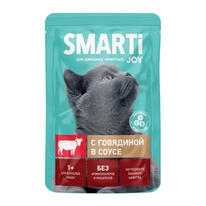 Изображение товара Влажный корм для кошек Smarti Joy с говядиной в соусе 75г