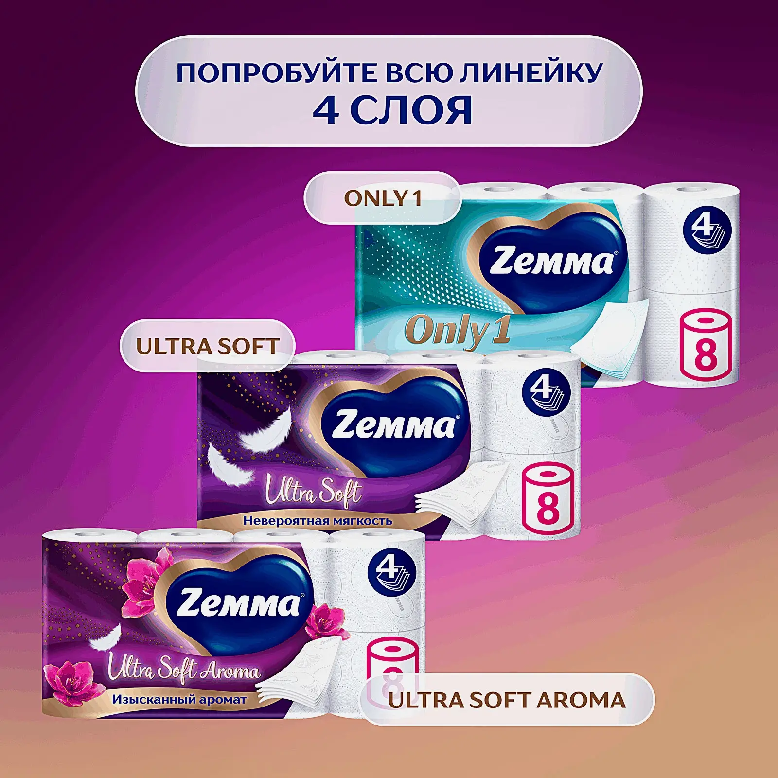 Туалетная бумага 4 слоя 8 рулонов Aroma Ultra Soft Zemma - фото 5