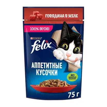 Изображение товара Влажный корм для кошек Аппетитные кусочки с говядиной в желе Felix 75г
