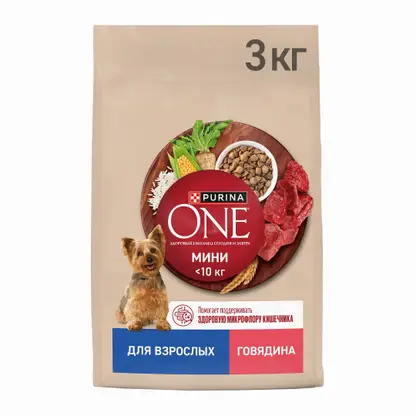Изображение товара Сухой корм для взрослых мини собак с говядиной и рисом Purina One 3кг