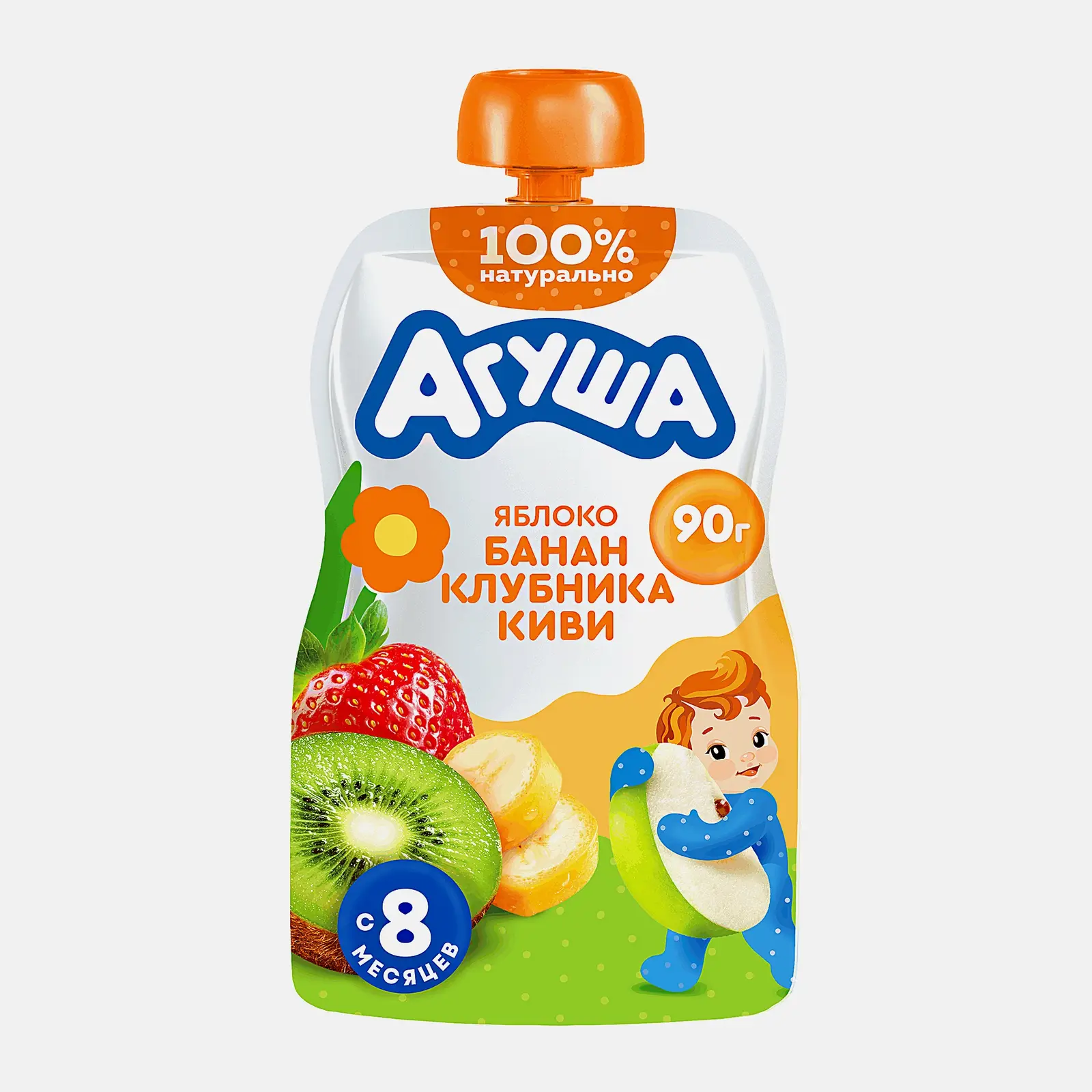 Изображение товара Пюре Агуша Яблоко банан клубника киви 90г натуральное для детей с 8 месяцев