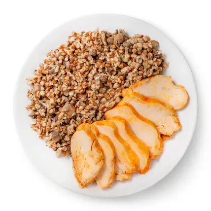 Изображение товара Курица су-вид с гречкой грибами и луком 270г