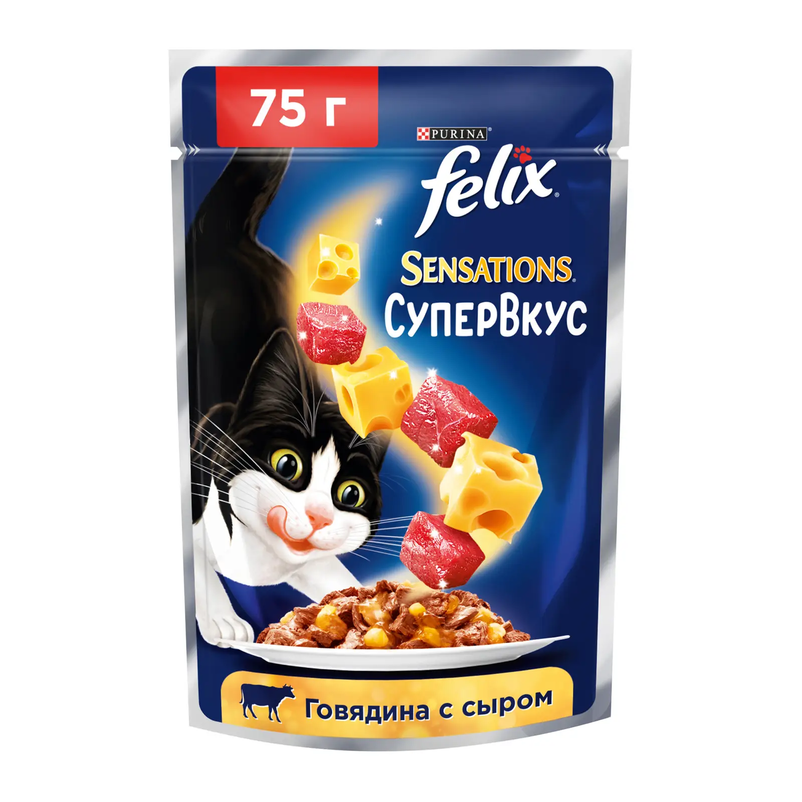 Изображение товара Влажный корм для кошек Felix Sensations Супервкус с говядиной и сыром в желе 75г
