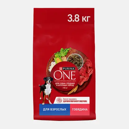 Сухой корм для собак крупных пород с говядиной и рисом Purina ONE 3.8кг