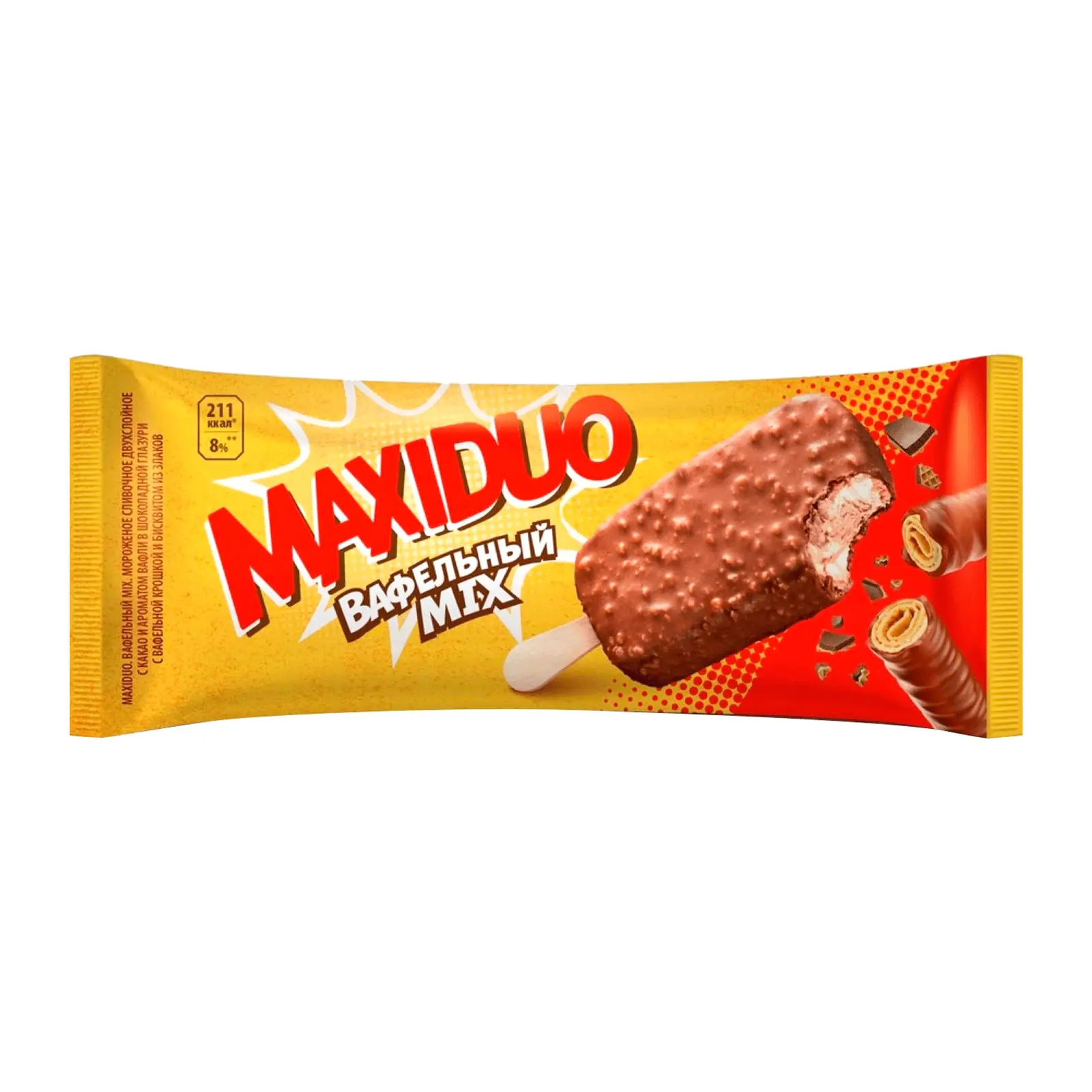 Изображение товара Мороженое Maxiduo Эскимо вафельный микс 63г с карамелью и шоколадом