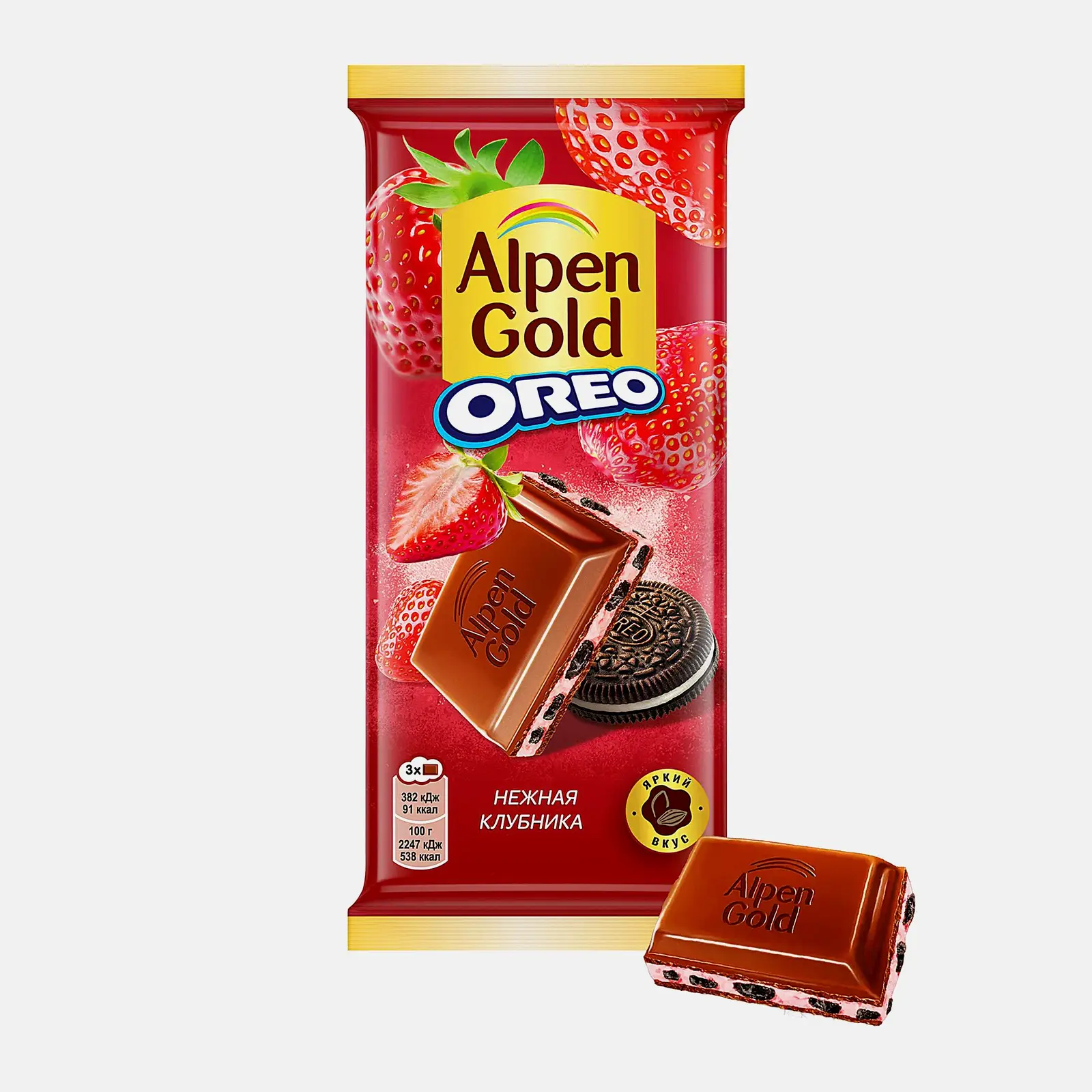 Шоколад Oreo нежная клубника молочный с кусочками печенья Alpen Gold 90г/85г