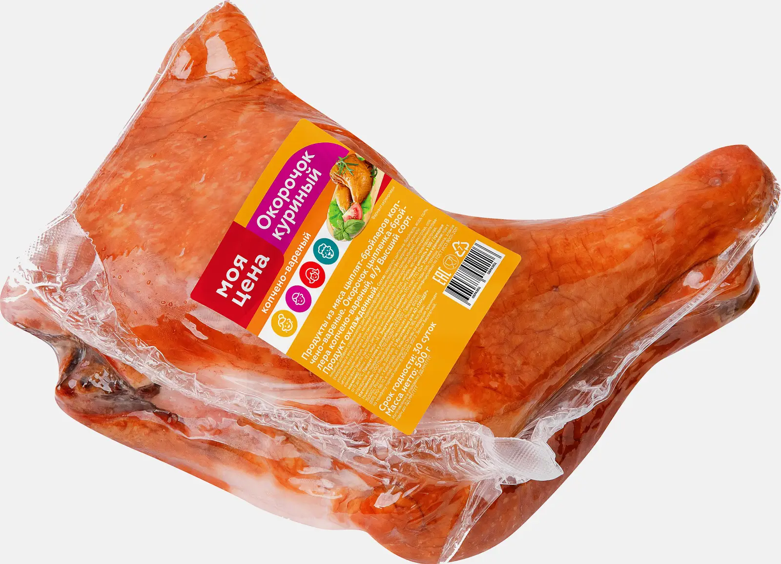 Изображение товара Копчено-вареный окорочок цыпленка-бройлера Моя цена весовой 0.66 кг