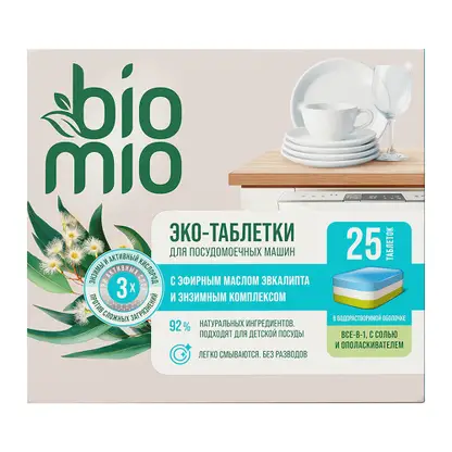 Изображение товара Таблетки для посудомоечных машин Bio Mio 7в1 Эвкалипт 25шт Изображение товара Таблетки для посудомоечных машин Bio Mio 7в1 Эвкалипт 25шт