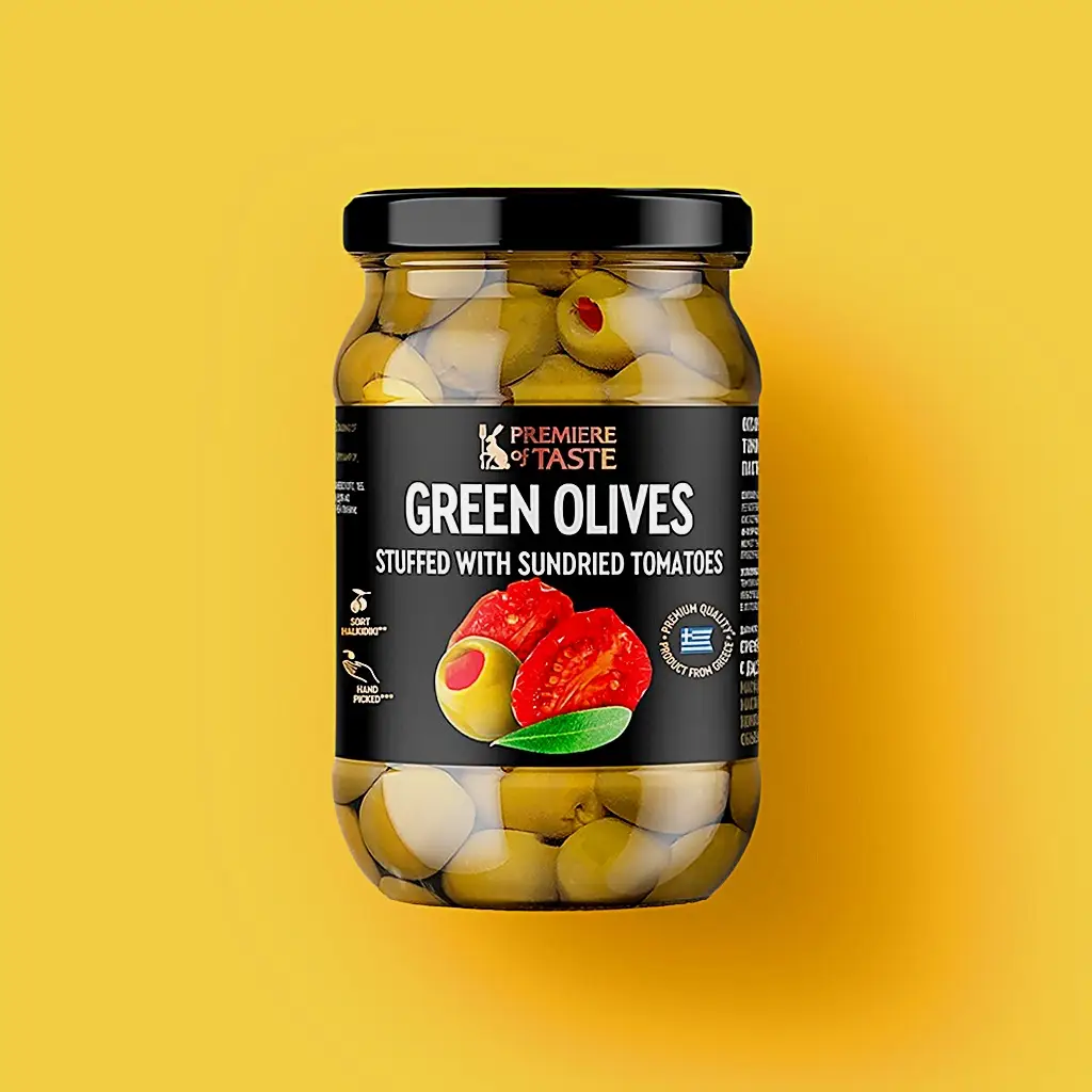 Изображение товара Оливки зелёные фаршированные вялеными помидорами Premiere of Taste 290г