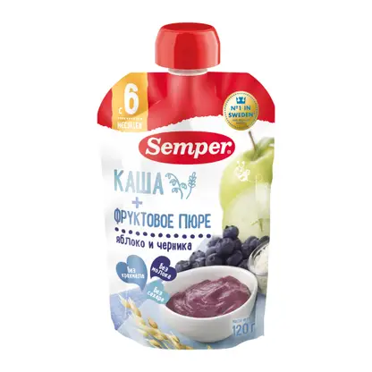 Изображение товара Фруктовое пюре Semper яблоко черника и злаки с 6 месяцев 120г