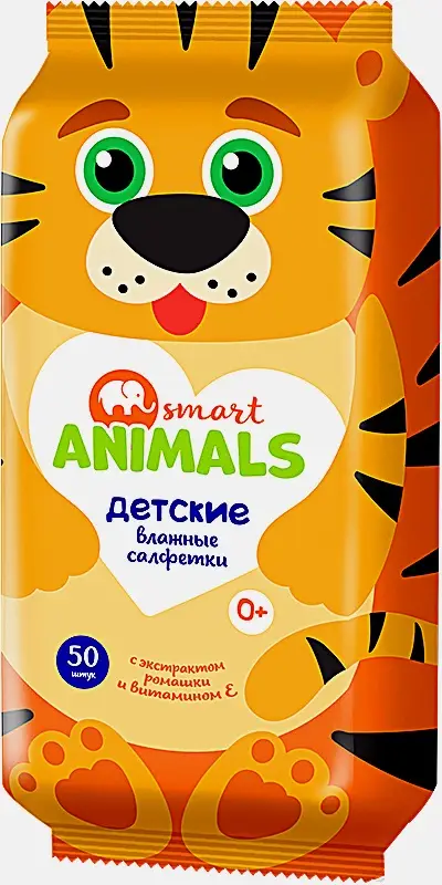 Салфетки влажные Smart Animals детские ромашка и витамин Е 50шт