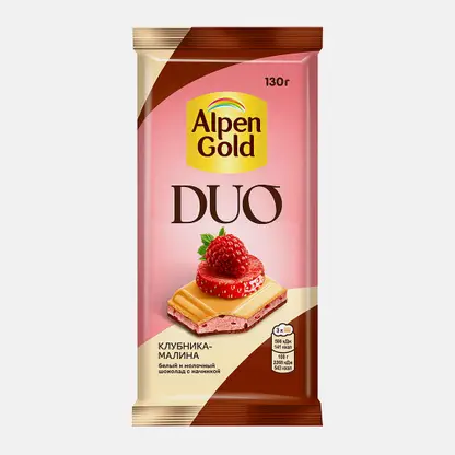 Белый и молочный шоколад с начинкой Клубника-малина Alpen Gold Duo 130г