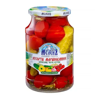 Изображение товара Ассорти маринованное Патиссоны-Черри-Огурцы Меленъ 680г