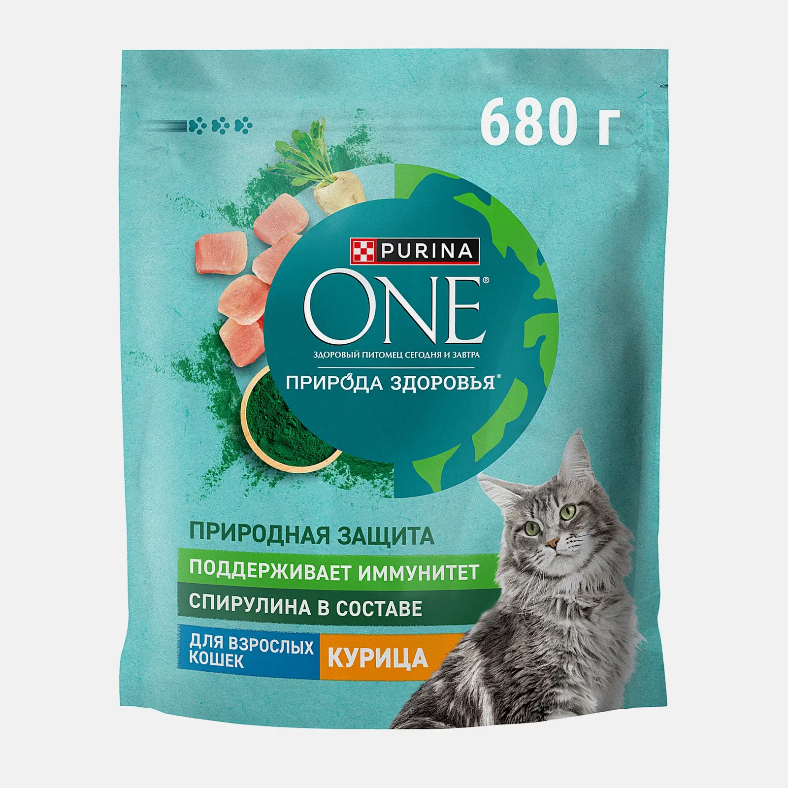 Сухой корм для взрослых кошек с курицей и спирулиной Purina ONE 680г
