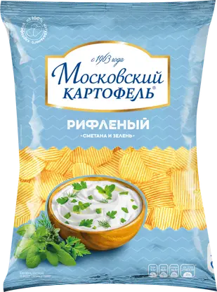 Изображение товара Чипсы Московский картофель рифленые Сметана и зелень 120г Изображение товара Чипсы Московский картофель рифленые Сметана и зелень 120г