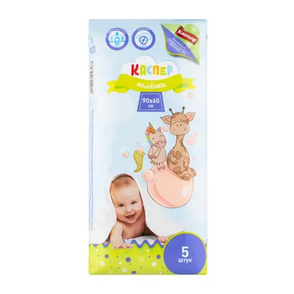 Изображение товара Пеленки Каспер одноразовые впитывающие 60*90см 5шт, защита от протеканий