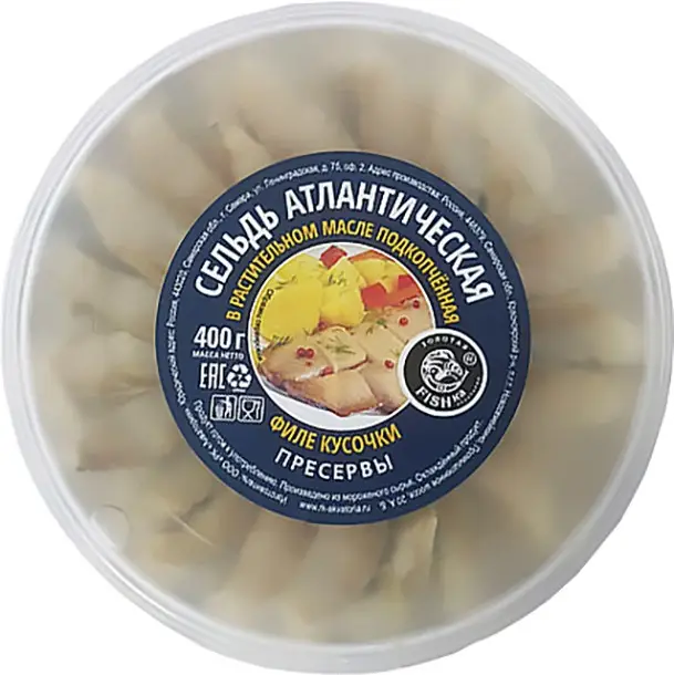 Изображение товара Сельдь филе кусочки Золотая Fishka Акватория подкопченная 400г
