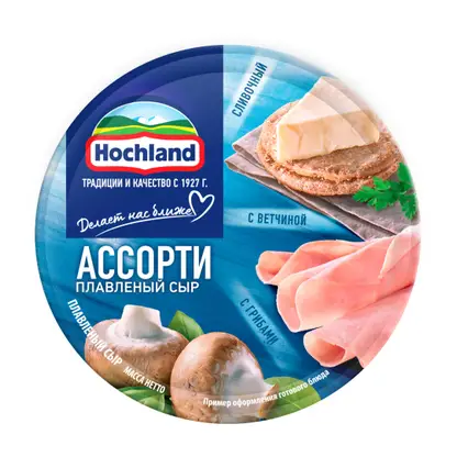 Изображение товара Сыр плавленый Hochland ассорти с ветчиной и грибами 140г