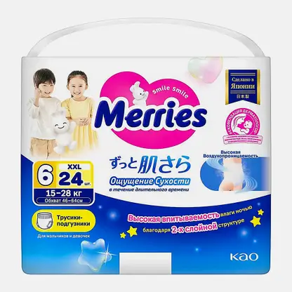 Подгузники-трусики для детей Merries 15-28кг размер XXL 24шт