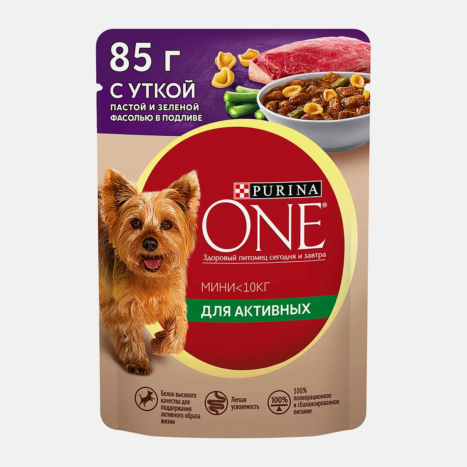 Изображение товара Влажный корм для мини собак Purina One Актив с уткой пастой и зеленой фасолью в подливе 85г