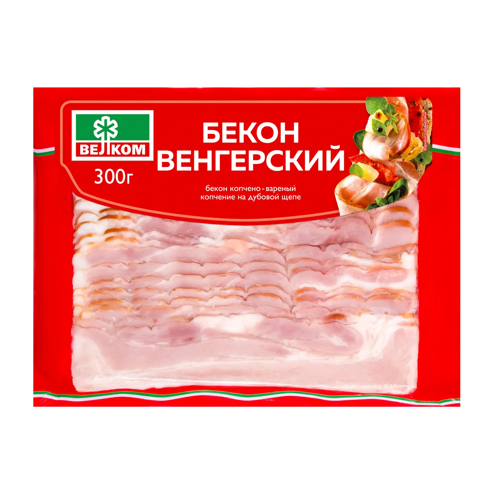 Изображение товара Велком Венгерский варено-копченый бекон нарезка 300г натуральный мясной деликатес