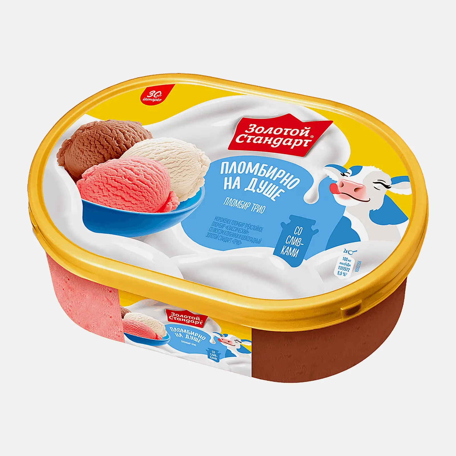 Изображение товара Мороженое Золотой Стандарт Трио пломбир шоколад-вкус сливок-вкус клубники 445/475г