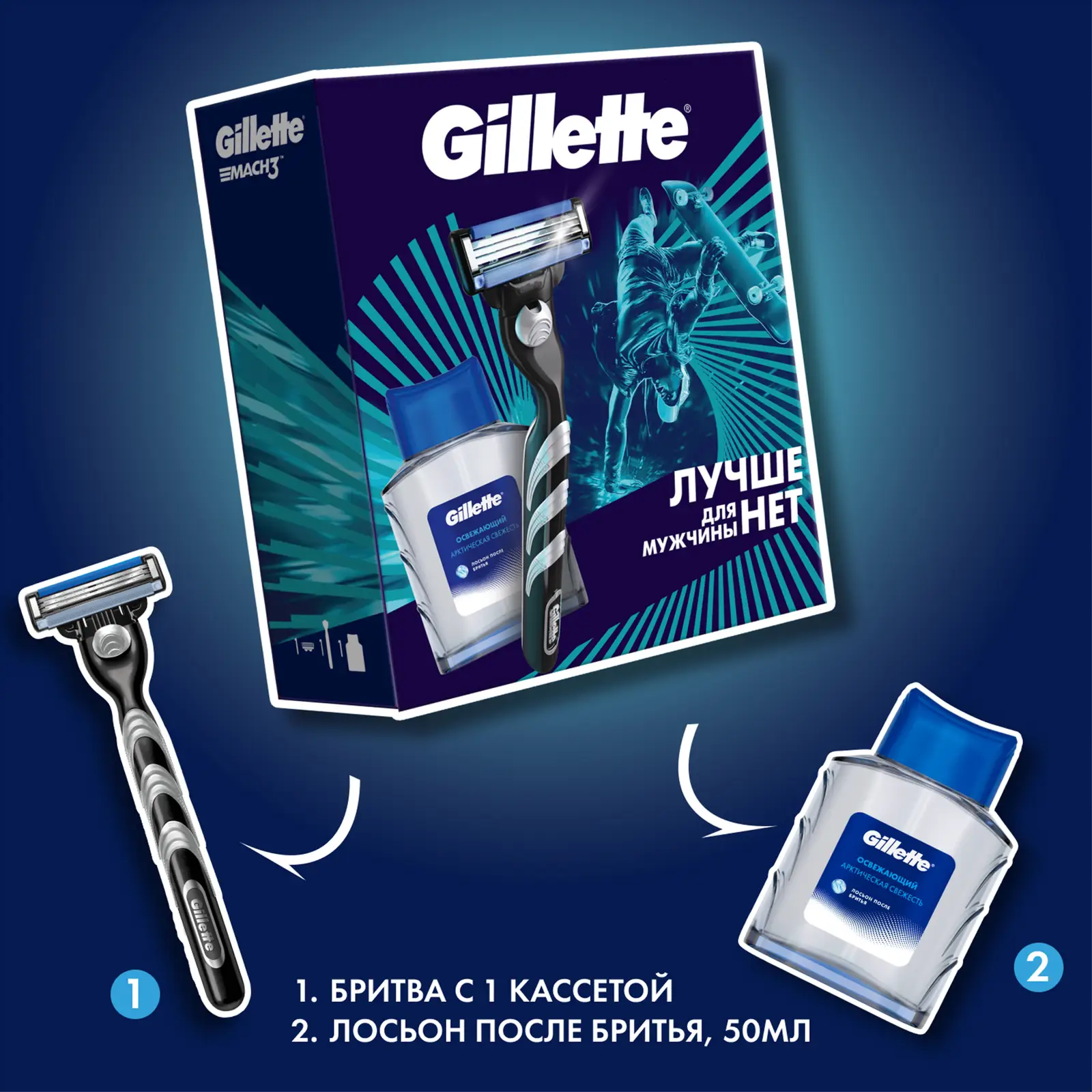 Подарочный набор Gillette Mach3 Станок+Лосьон после бритья 50мл+1 кассета