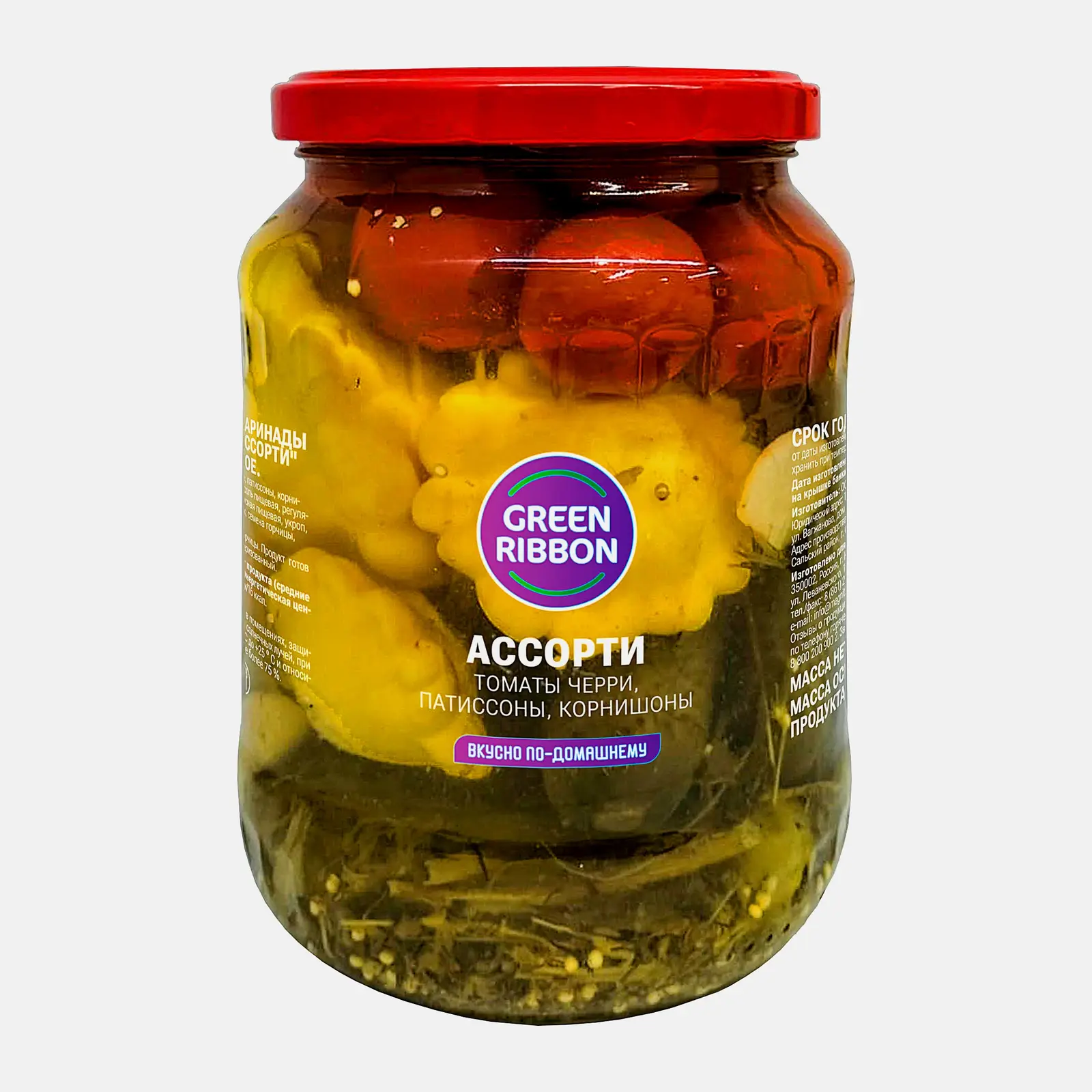 Изображение товара Консервированные овощное ассорти Green Ribbon 680 г томаты черри, корнишоны и патиссоны