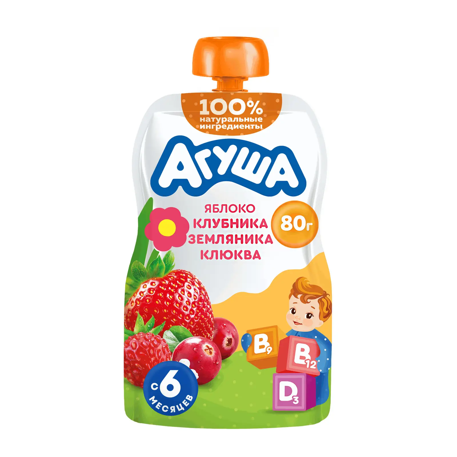 Изображение товара Пюре Агуша Укрепляй-ка яблоко-клубника-земляника-клюква 80г