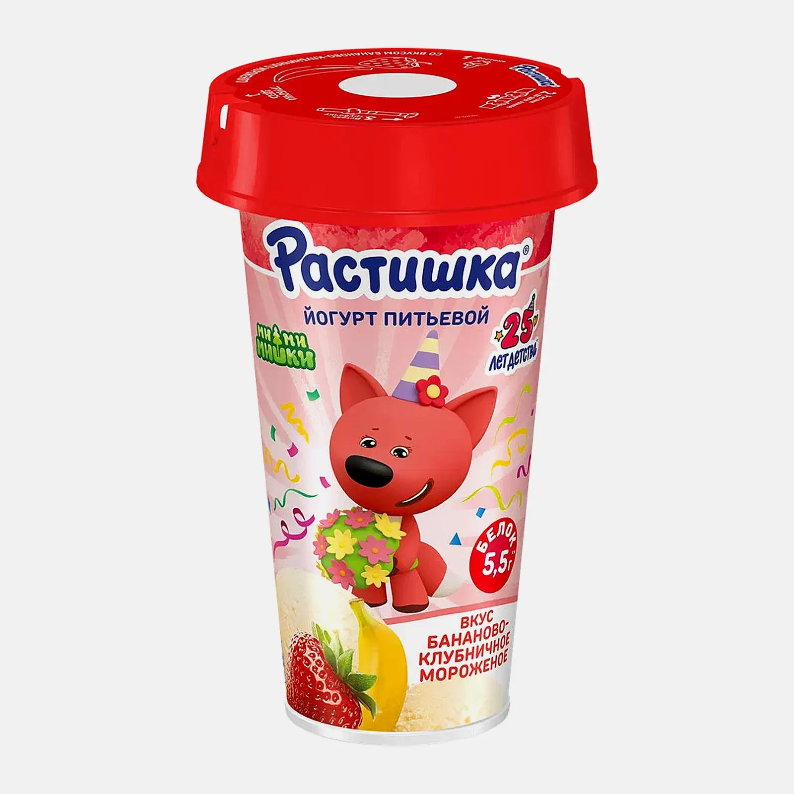 Йогурт Растишка питьевой со вкусом бананово-клубничного мороженого 2.8% 190мл Йогурт Растишка питьевой со вкусом бананово-клубничного мороженого 2.8% 190мл